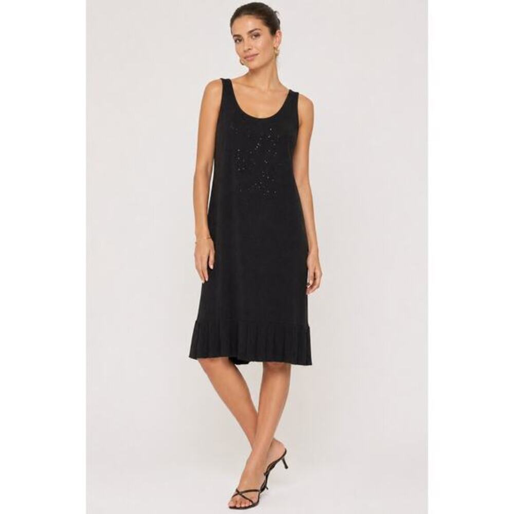 St. John Evening Black Knit Dress Sleeveless Pleated Hem Sparkle Detail Size 14
